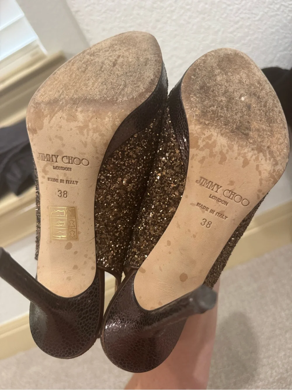 Jimmy Choo Bronze Glitter Peep-Toe Slingback Heels